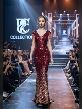 Burgundy Graphic Print, Contrast Sequined, Draped Rhinestone, Mermaid G…